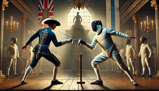 A realistic digital painting of two legendary fencers from different historical eras engaged in an intense duel